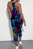 Rose Red Blue Casual Print Patchwork Spaghetti Strap Regular Jumpsuits