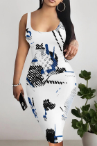 White Sexy Faux Denim Print Contrast U Neck Printed Dresses