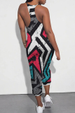 Rose Red Blue Casual Print Patchwork Spaghetti Strap Regular Jumpsuits