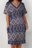 Apricot Casual Geometric Print Pocket Contrast V Neck Printed Plus Size Dresses