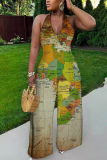 Brown Sexy Casual Print Lace Up Backless Halter Bodycon Jumpsuits