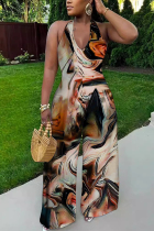 Multicolor Sexy Casual Print Lace Up Backless Halter Bodycon Jumpsuits