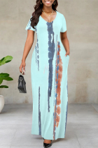 Light Blue Casual Striped Print Pocket Contrast V Neck Printed Dresses