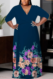 Blue Pink Casual Print Belted V Neck Long Plus Size Dresses