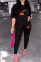 Black Casual Print Patchwork O Neck Short Sleeve Two Pieces