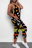 Rose Red Blue Casual Print Patchwork Spaghetti Strap Regular Jumpsuits