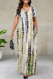 Navy Blue Casual Striped Print Pocket Contrast V Neck Printed Dresses