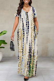 Cream White Casual Striped Print Pocket Contrast V Neck Printed Dresses