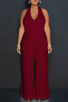 Burgundy Casual Solid Color Lace Up Backless Halter Loose Jumpsuits