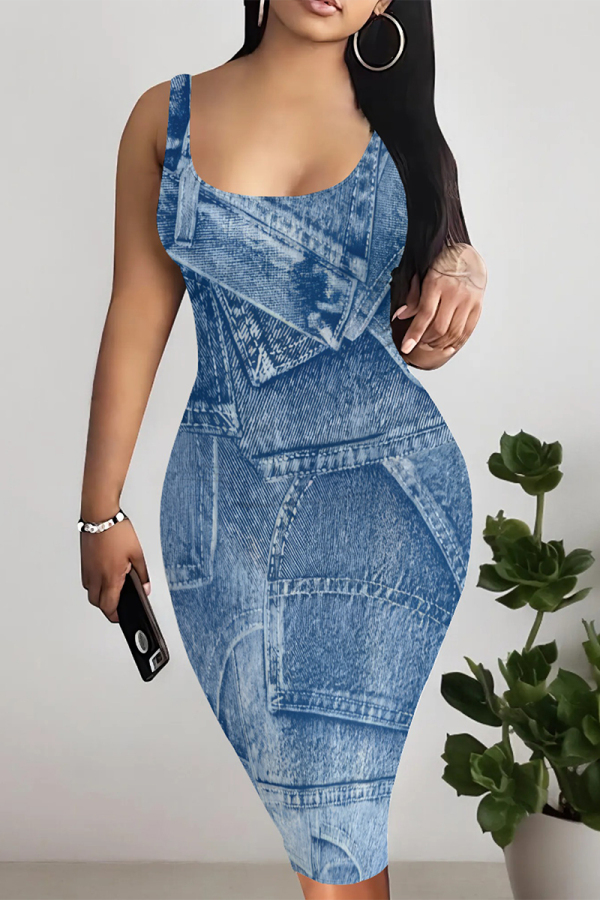 Medium Blue Sexy Faux Denim Print Contrast U Neck Printed Dresses