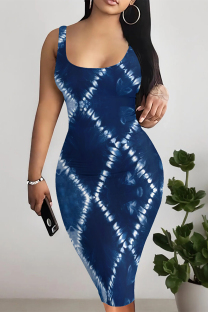 Tibetan Blue Sexy Faux Denim Print Contrast U Neck Printed Dresses
