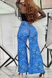 Blue Casual Print Boot Cut High Waist Speaker Full Print Trousers
