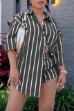 Orange Casual Striped Print Buttons Shirt Collar Three Quarter Two Pieces