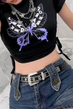 Black Casual Print Patchwork O Neck T-Shirts