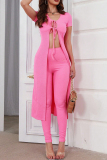 Pink Sexy Solid Color Patchwork Strap Design V Neck Short Sleeve Two Pieces