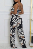 Black Sexy Print Patchwork Backless Spaghetti Strap Regular Jumpsuits