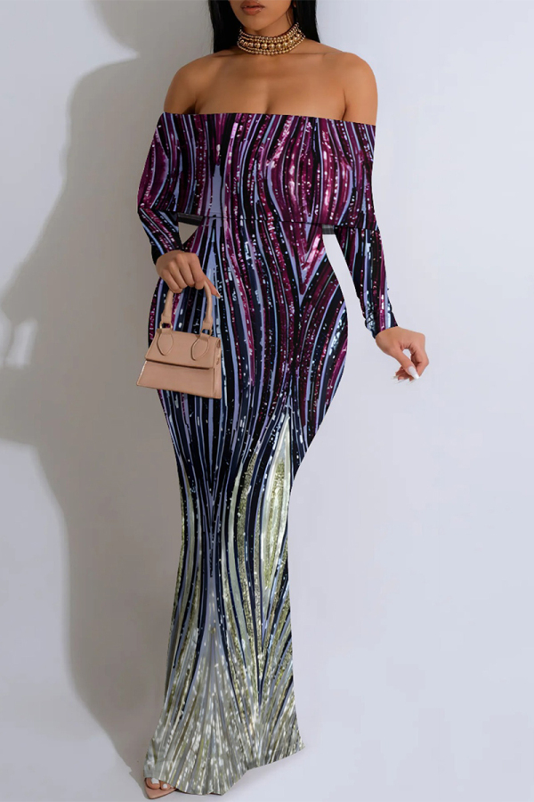 Purple Elegant Striped Print Contrast Off Shoulder Printed Dresses
