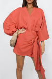 Khaki Casual Solid Color Patchwork Ruched Strap Design V Neck Wrapped Skirt Dresses