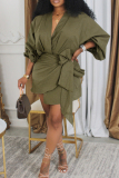 Khaki Casual Solid Color Patchwork Ruched Strap Design V Neck Wrapped Skirt Dresses
