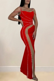 Red Sexy Patchwork Hot Drilling See-Through Backless Spaghetti Strap Long Dresses