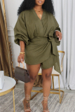 Khaki Casual Solid Color Patchwork Ruched Strap Design V Neck Wrapped Skirt Dresses