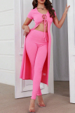 Pink Sexy Solid Color Patchwork Strap Design V Neck Short Sleeve Two Pieces