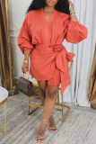 Khaki Casual Solid Color Patchwork Ruched Strap Design V Neck Wrapped Skirt Dresses