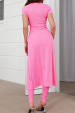 Pink Sexy Solid Color Patchwork Strap Design V Neck Short Sleeve Two Pieces