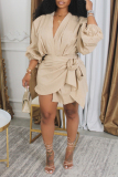 Khaki Casual Solid Color Patchwork Ruched Strap Design V Neck Wrapped Skirt Dresses