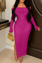 Rose Red Sexy Solid Color Patchwork Backless High Slit Off Shoulder Long Sleeve Two Pieces