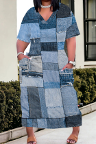 Baby Blue Elegant Print Pocket Patchwork V Neck Straight Plus Size Dresses