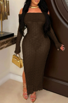 Coffee Sexy Solid Color Patchwork Backless High Slit Off Shoulder Long Sleeve Two Pieces
