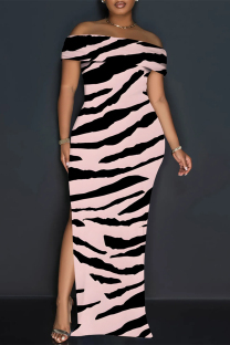 Pink Sexy Striped Print Slit Off Shoulder Printed Dresses