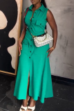 Green Elegant Solid Color Pocket Buckle Patchwork Turndown Collar Long Dresses