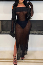Black Sexy Solid Color Patchwork Backless High Slit Off Shoulder Long Sleeve Two Pieces