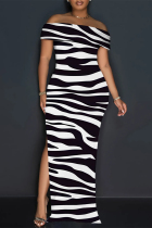 Black And White Sexy Striped Print Slit Off Shoulder Printed Dresses