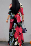 Blue Black Elegant Floral Print Lace Up V Neck Printed Dresses