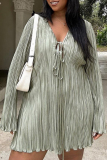 Light Green Sexy Solid Color Patchwork Ruched Strap Design V Neck Straight Plus Size Dresses