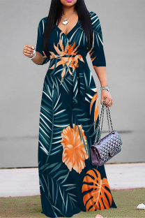 Navy Blue Elegant Floral Print Lace Up V Neck Printed Dresses