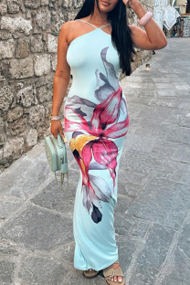 Sky Blue Sexy Print Patchwork Backless Spaghetti Strap Sling Dresses