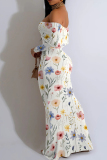 White Black Sexy Print Patchwork Backless Off Shoulder Long Dresses