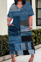 Dark Blue Elegant Print Pocket Patchwork V Neck Straight Plus Size Dresses