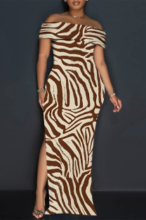 Brown Sexy Striped Print Slit Off Shoulder Printed Dresses