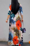 Blue Black Elegant Floral Print Lace Up V Neck Printed Dresses