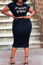 Black Casual Letters Patchwork O Neck Short Sleeve Two Pieces