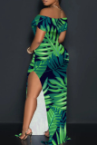 Colour Elegant Print Patchwork Backless High Slit Off Shoulder Long Dresses