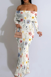Multicolor Sexy Print Patchwork Backless Off Shoulder Long Dresses