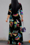 Blue Black Elegant Floral Print Lace Up V Neck Printed Dresses