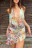 Colour Sexy Print Patchwork Ruched Deep V Neck Wrapped Skirt Dresses