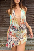 Colour Sexy Print Patchwork Ruched Deep V Neck Wrapped Skirt Dresses
